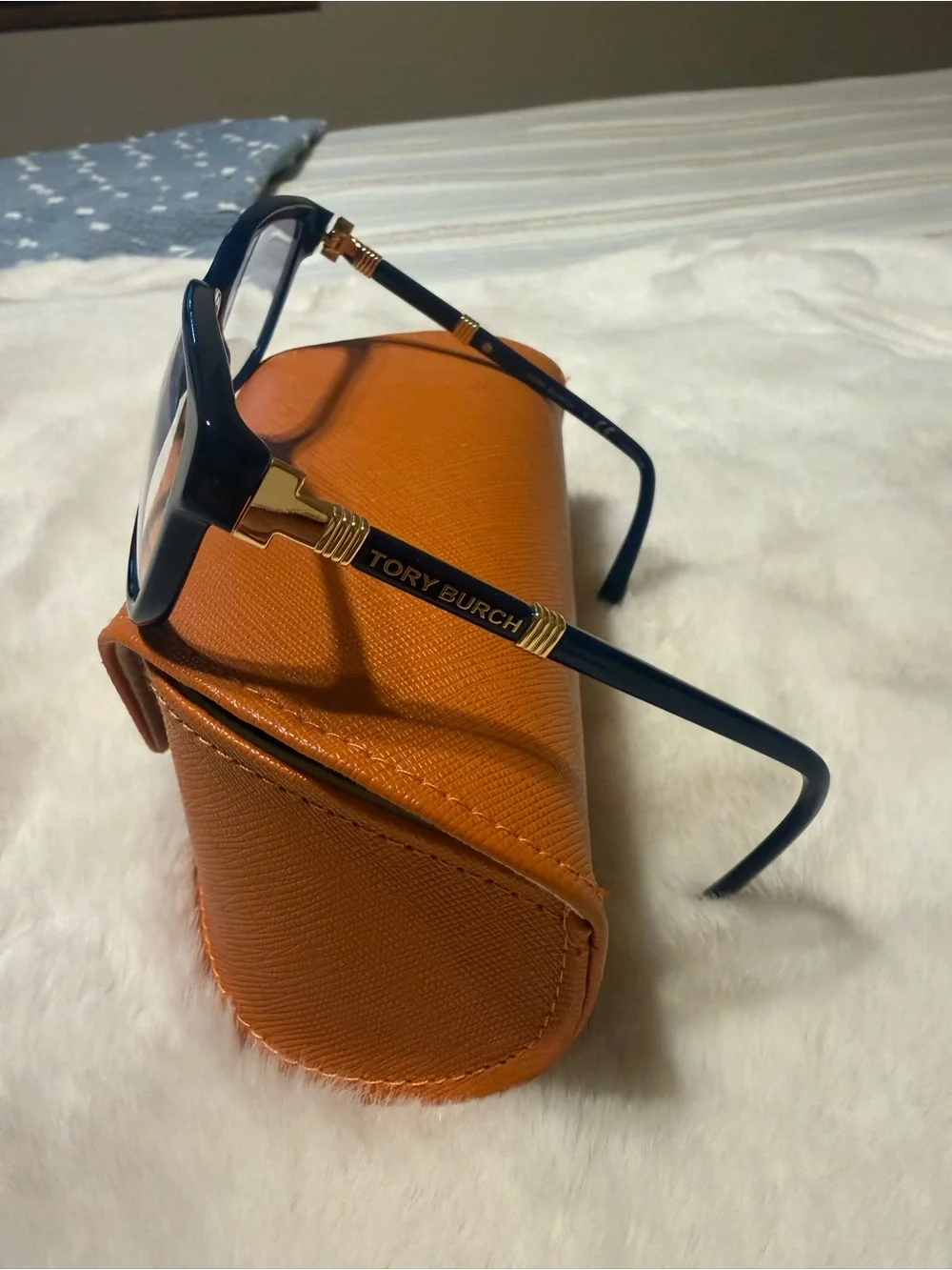 Tory Burch Navy Cat-Eye Glasses with Orange Logo Case
